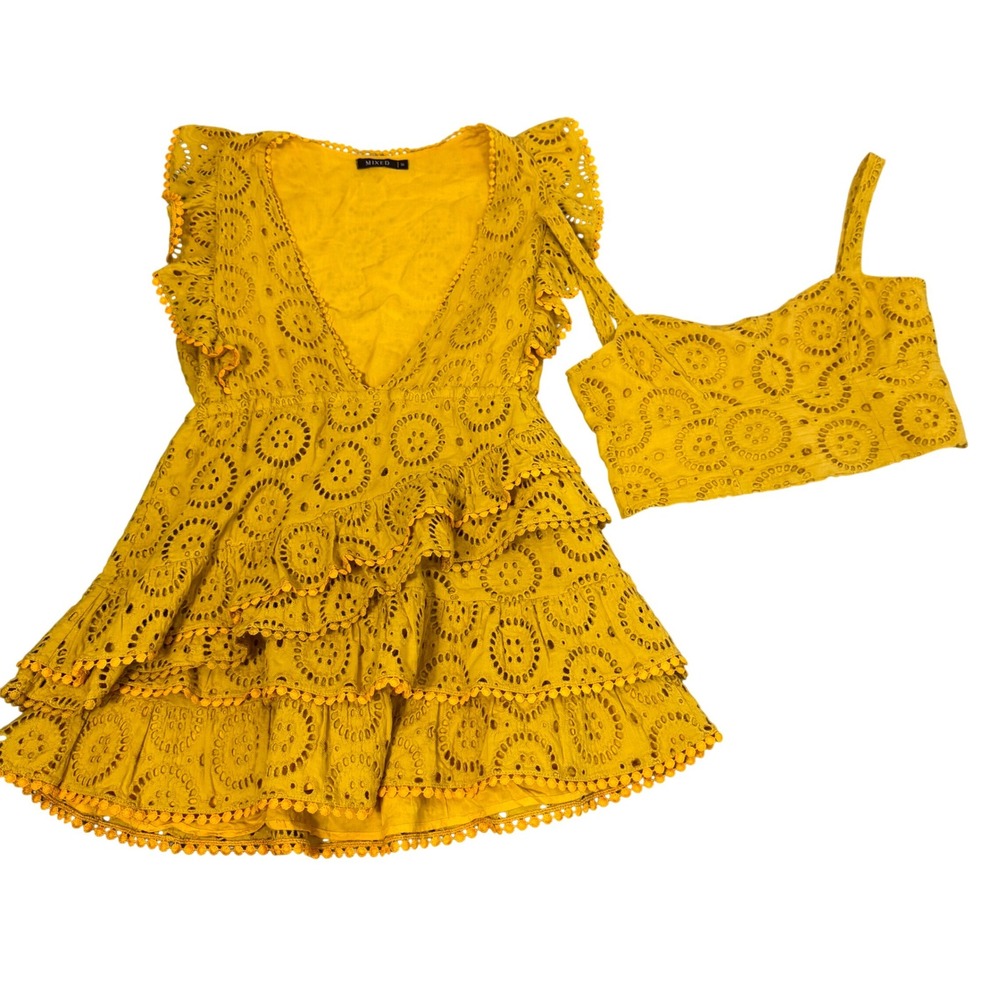 Mixed Eyelet Mini Dress & Top Set 36 Boho Festival Tiered‎ Ruffle Mustard Yellow